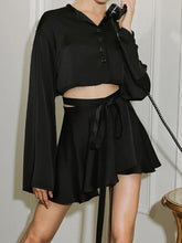 Load image into Gallery viewer, Solid Color Button Flares Sleeve Skirts Set
