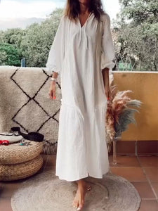Fashionable Solid Color V-neck Casual Dress