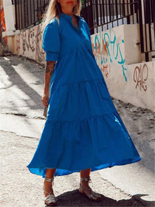 Short-sleeved V-neck Solid Color Dress