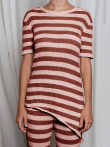 Round neck short sleeve striped printed knitted suit
