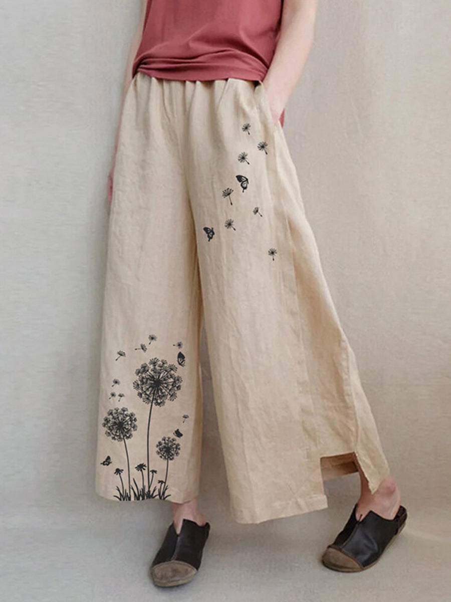 Casual Loose Printed Cotton and Linen Pants