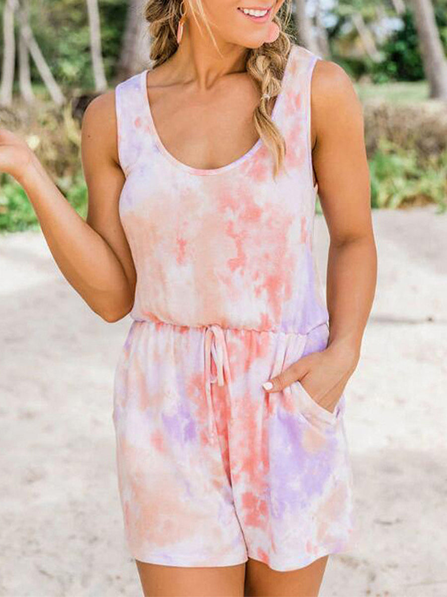 Tie-dye Casual Sleeveless Shorts Jumpsuit