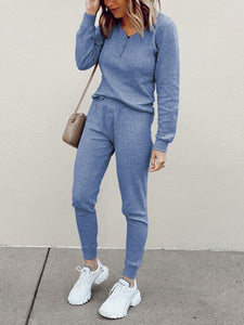 Simple Solid Color Long Sleeve Neckline Zipper Design Casual Suit