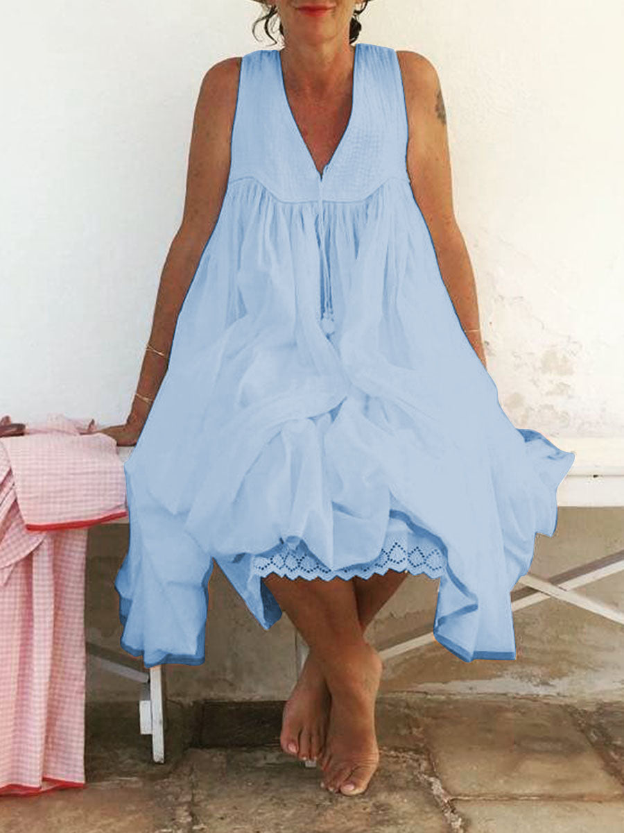 Loose V-Neck Solid Color Dress
