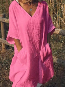 Casual Loose Solid Color Mid-sleeved V-neck Dress