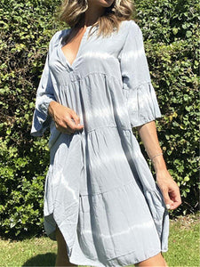 V-neck Ruffled Mid-long Sleeve Loose Casual Dress