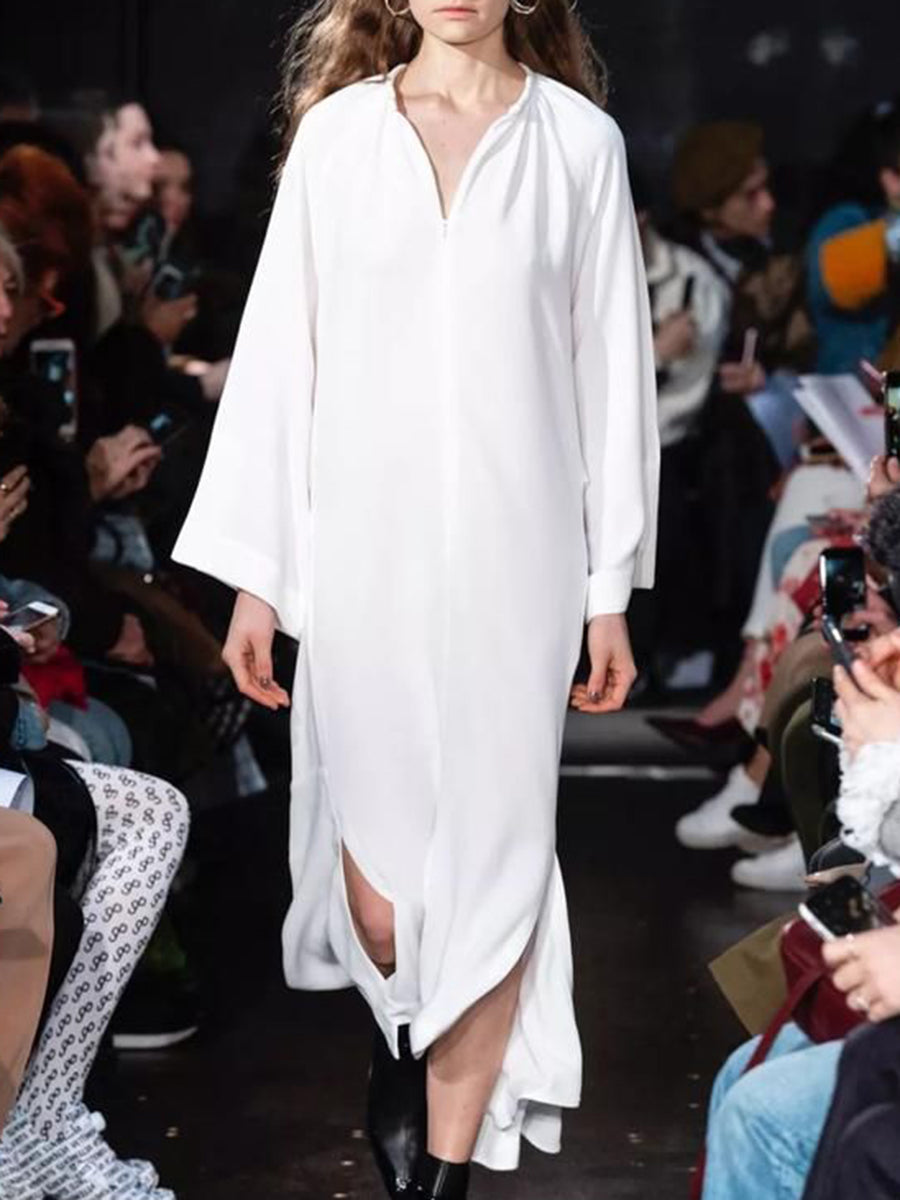 Casual Loose Solid Color V-neck Long Sleeve Dress