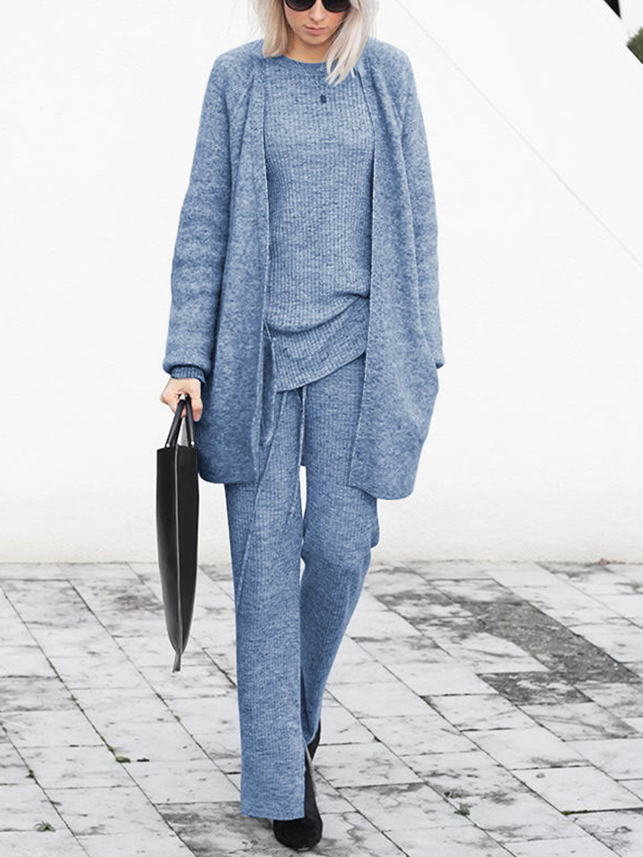 Solid Color Knitted Long-sleeved Outwear and Trousers Three-piece Set