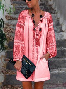 Vintage Bohemian Loose Casual V Neck Dress
