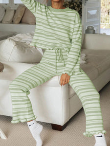 Simple Casual Loose Top Pants Striped Knitted Suit