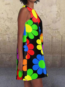 Round Neck Sleeveless Daisy Floral Printed Casual Dress