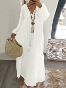 V-Neck Long Sleeve Loose Casual Dress