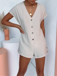 Plain Jumpsuit with V-neck Buttons