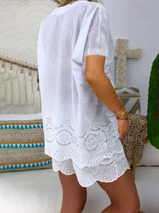 Fashionable Solid Color Hollow Short Sleeve Casual Suit
