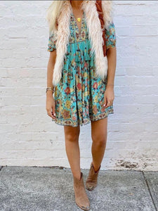 Boho Print 3/4 Sleeve Tassel Mini Dress