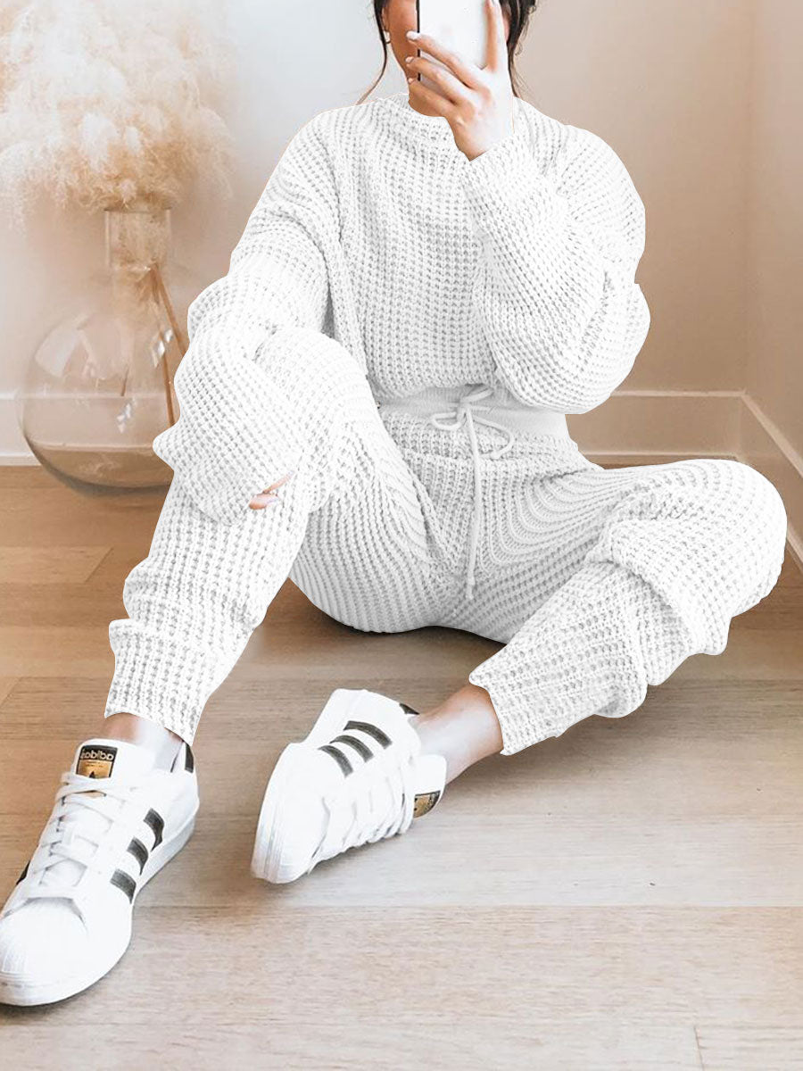 Solid Color Round Neck Long Sleeve Knit Suit