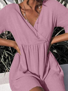 Solid Cross Front V-neck Pleated Casual Dress