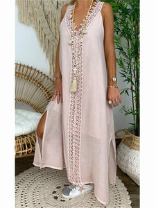 Pure Color V-Neck Strapless Lace Maxi Dress