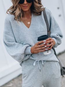 Casual Loose V Neck Blouse Pants Knit Suit