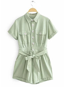 Button Belted Pockets Romper