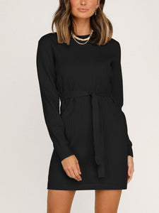 Round Neck Solid Color Long Sleeve Loose Dress