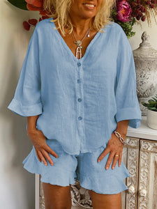 Simple Casual Loose V Neck Shirt Shorts Suit