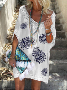 V-neck Printed Mid Sleeve Casual Mini Dress