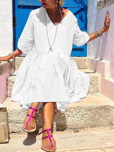 Pure Color V-Neck Casual Dress