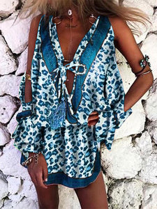 Bohemian Leopard Print V-Neck Mini Dress