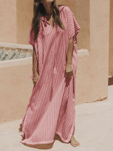 Retro Casual Loose V Neck Maxi Dress