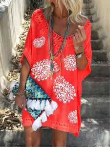 V-neck Printed Mid Sleeve Casual Mini Dress