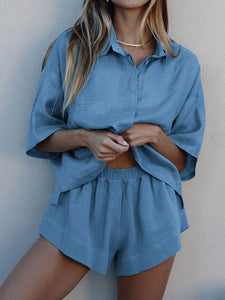 Pure Color Buttoned Shirt Casual Shorts Two-Piece Set
