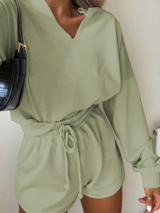 Casual Loose Solid Color V-neck Long Sleeve Two-piece Suit