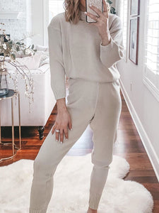 Simple Casual Loose Round Neck Blouse Pants Knitted Suit