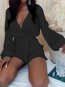 Sexy Solid Color V-neck Princess Sleeve Jumpsuit