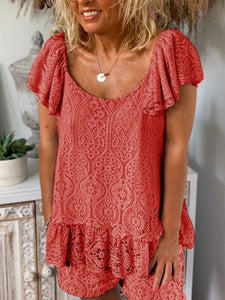 Romantic Lace Casual Loose Round Neck Top Shorts Suit