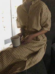 Lapel Long Sleeve Striped Casual Shirt Dress