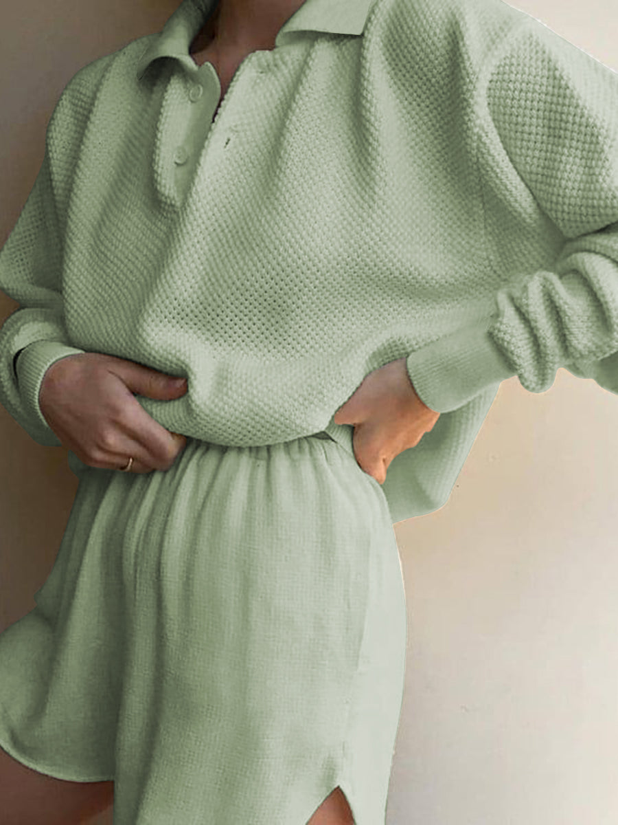 Casual Loose V-neck Solid Color Lapel Two-piece Suit