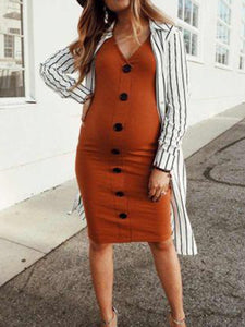 Sexy V-neck Buttons Solid Color Maternity Dress
