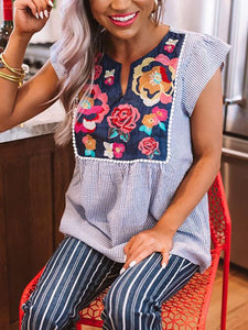 Striped Spot Short Sleeve Women's Blouses with Flowers