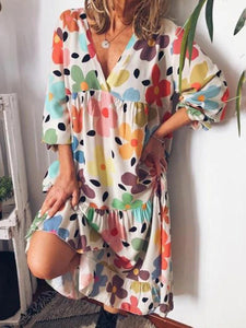 Mid-Calf Print Three-Quarter Sleeve Pullover Color Block Dress