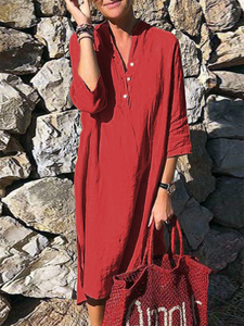 Casual Button V Neck 3/4 Sleeve Dress