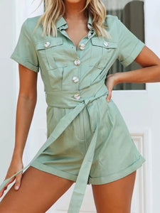 Button Belted Pockets Romper