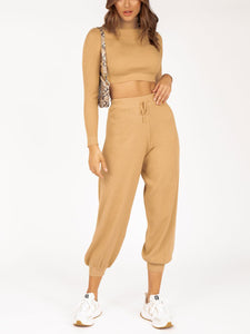 Long Sleeve Cropped Top and Loose Trousers Suit