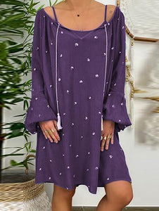 Holiday Puff Sleeve Round Neck Print Dress
