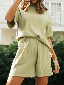 Casual Solid Color Short Sleeve Round Neck Two-piece Suit