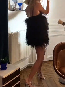 Prom Sexy Sling Feather Tassel Mini Dress