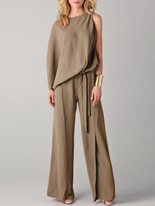 Casual Loose Solid Color One Shoulder Top Flare Pants Set