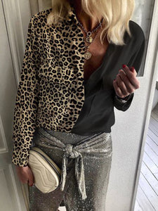 Retro Casual Loose Long Sleeve Leopard Colorblock Shirt