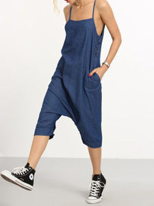 Casual Loose Solid Color Strap Neck Jumpsuit